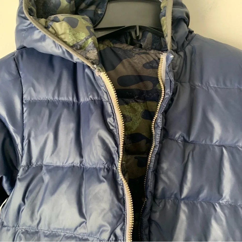 Hanna Anderson Little Boys Reversible Down puffer jacket 120 Camo/Navy